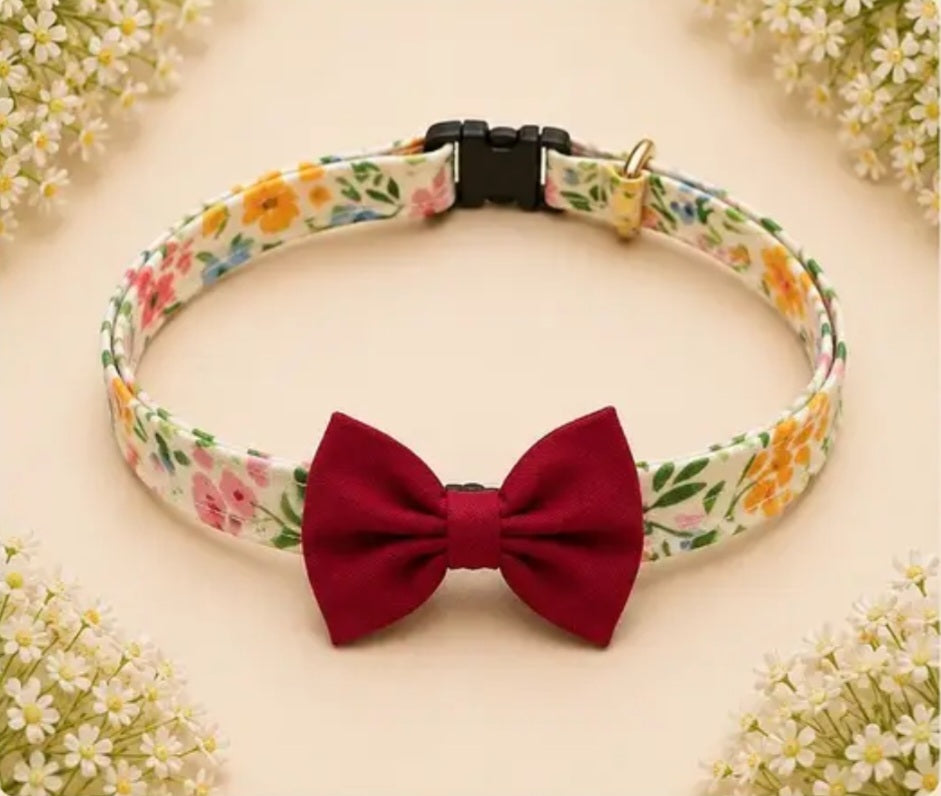 Handmade Floral Cat Collar with Bow Tie – Premium Soft Fabric