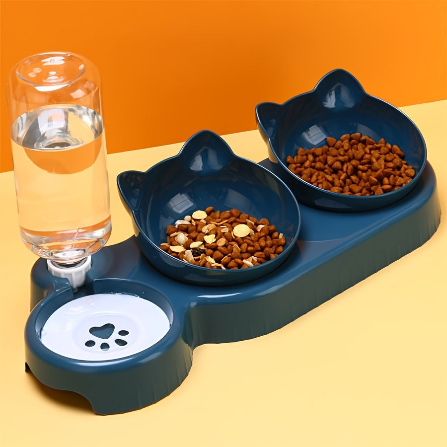 3-in-1 Tilted Cat Bowl Set with Gravity Water Feeder - Ear Design, Anti-Whisker Fatigue, Neck Protection