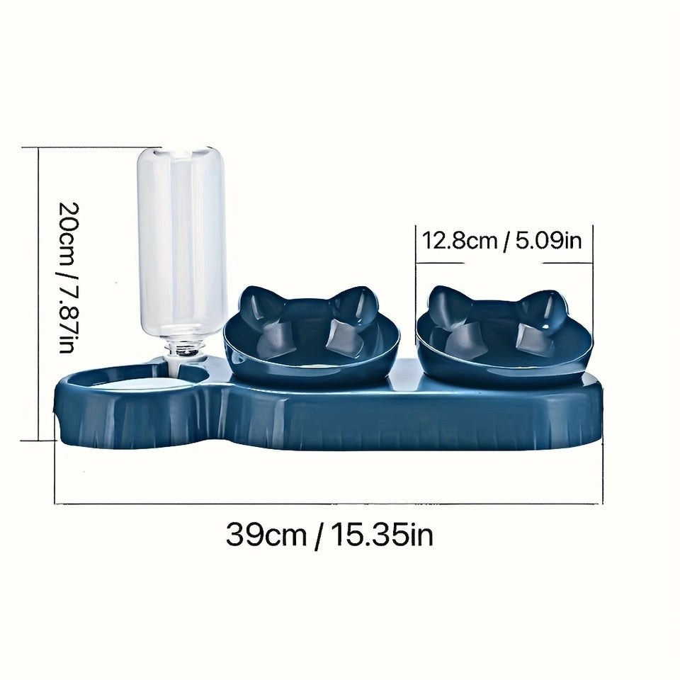 3-in-1 Tilted Cat Bowl Set with Gravity Water Feeder - Ear Design, Anti-Whisker Fatigue, Neck Protection