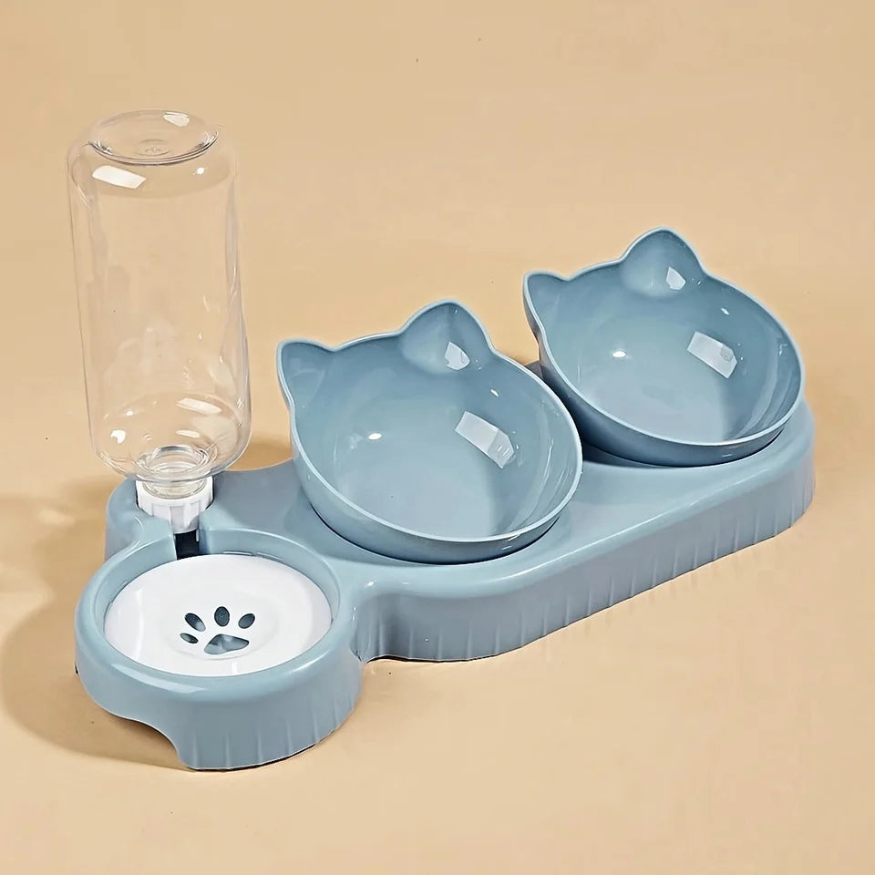 3-in-1 Tilted Cat Bowl Set with Gravity Water Feeder - Ear Design, Anti-Whisker Fatigue, Neck Protection