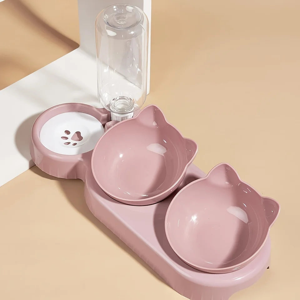 3-in-1 Tilted Cat Bowl Set with Gravity Water Feeder - Ear Design, Anti-Whisker Fatigue, Neck Protection