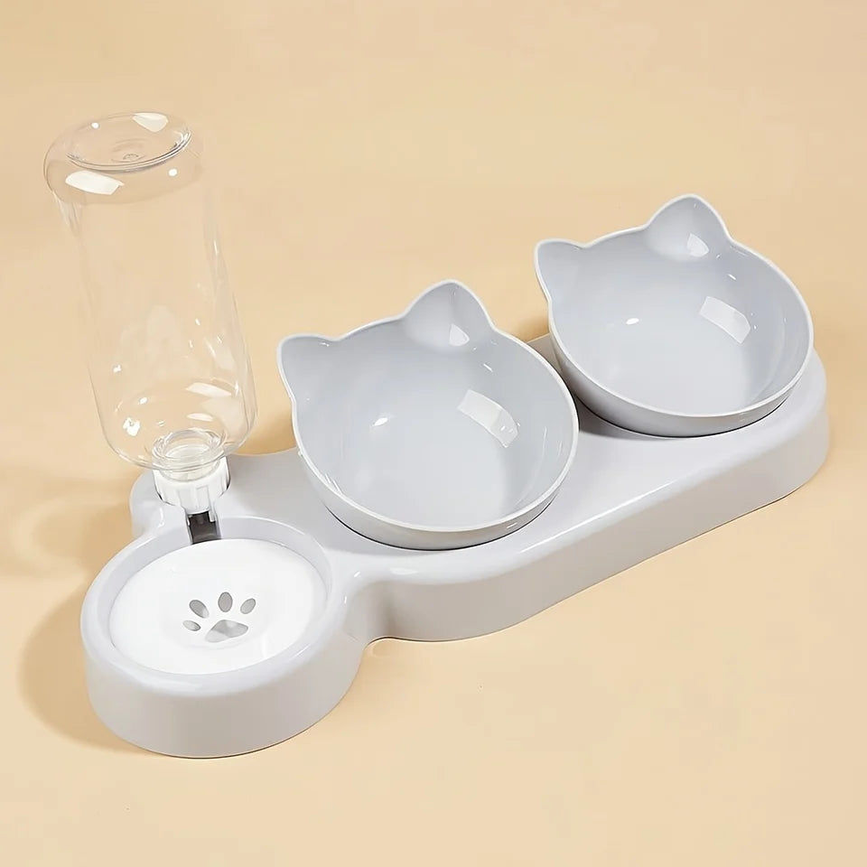 3-in-1 Tilted Cat Bowl Set with Gravity Water Feeder - Ear Design, Anti-Whisker Fatigue, Neck Protection