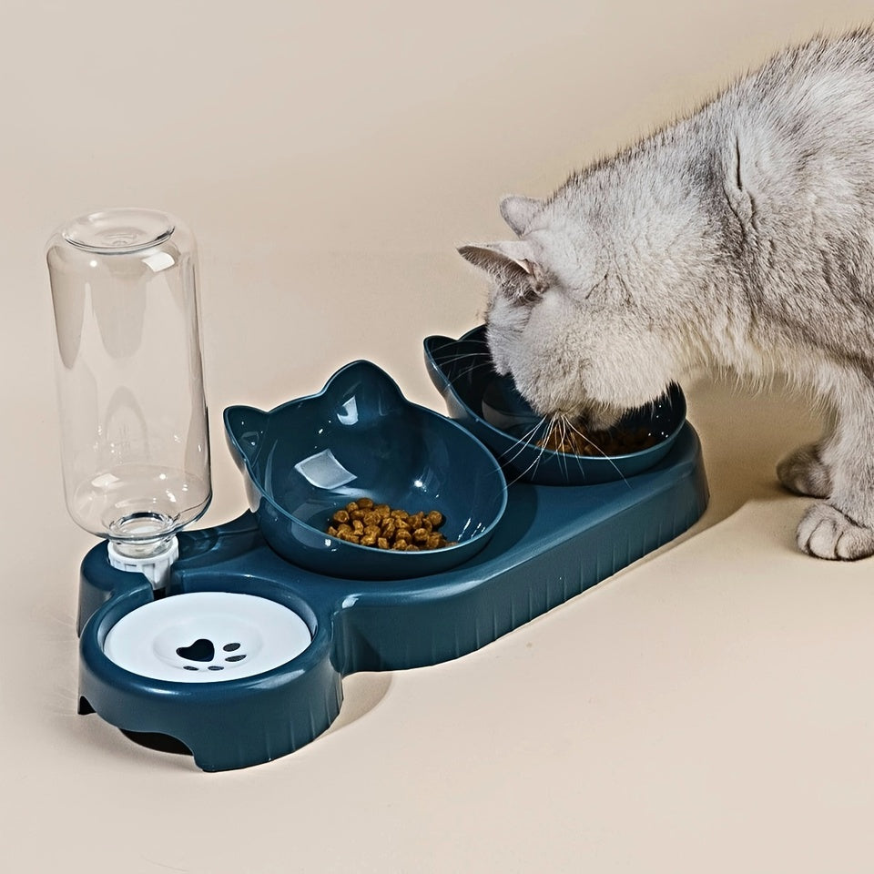3-in-1 Tilted Cat Bowl Set with Gravity Water Feeder - Ear Design, Anti-Whisker Fatigue, Neck Protection
