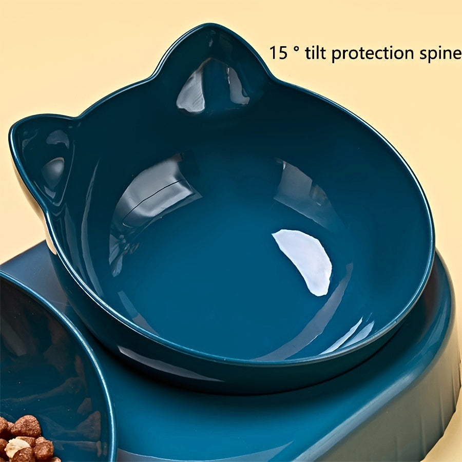 3-in-1 Tilted Cat Bowl Set with Gravity Water Feeder - Ear Design, Anti-Whisker Fatigue, Neck Protection