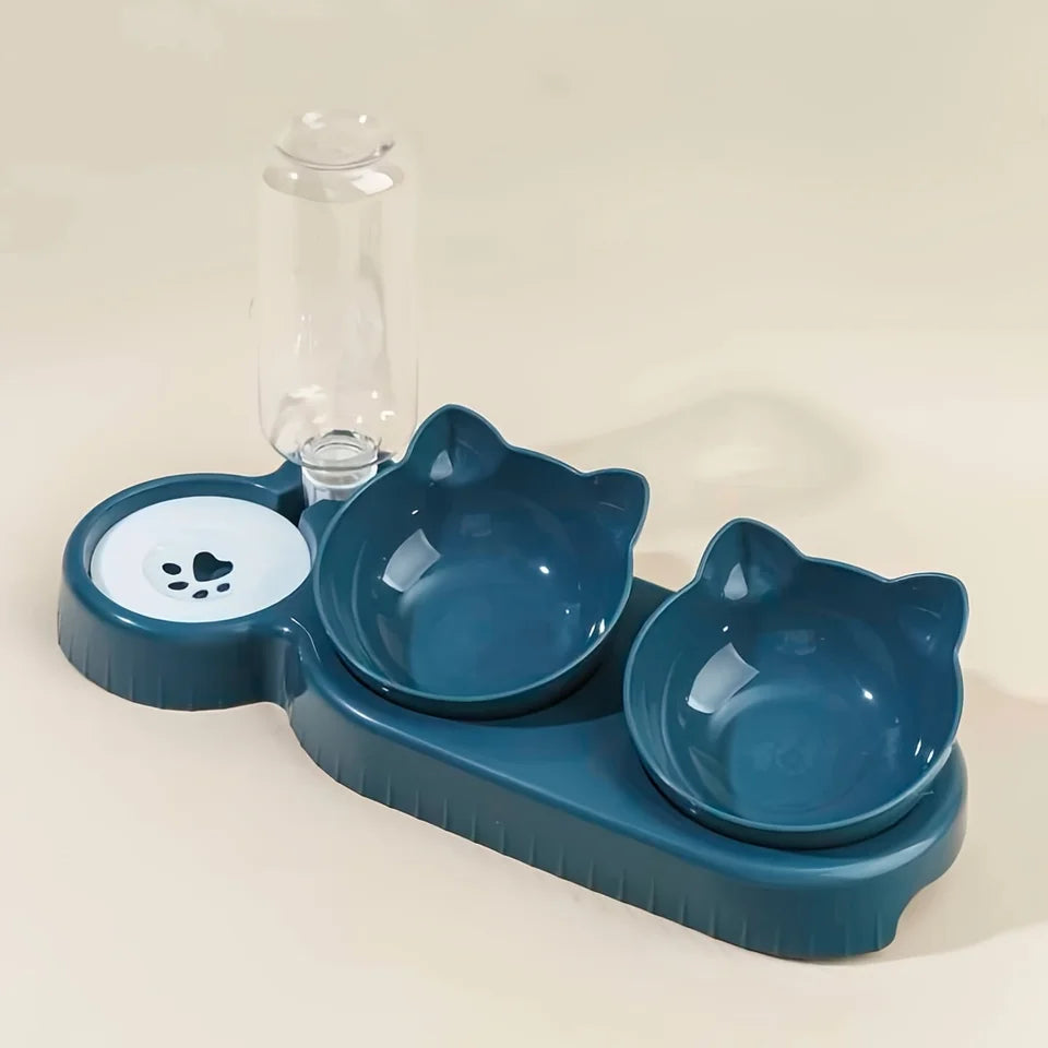 3-in-1 Tilted Cat Bowl Set with Gravity Water Feeder - Ear Design, Anti-Whisker Fatigue, Neck Protection
