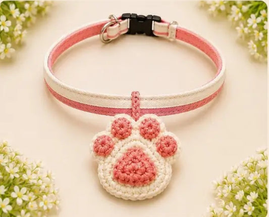 Handmade Pink Cat Collar with Crochet Paw Charm – Premium & Customizable