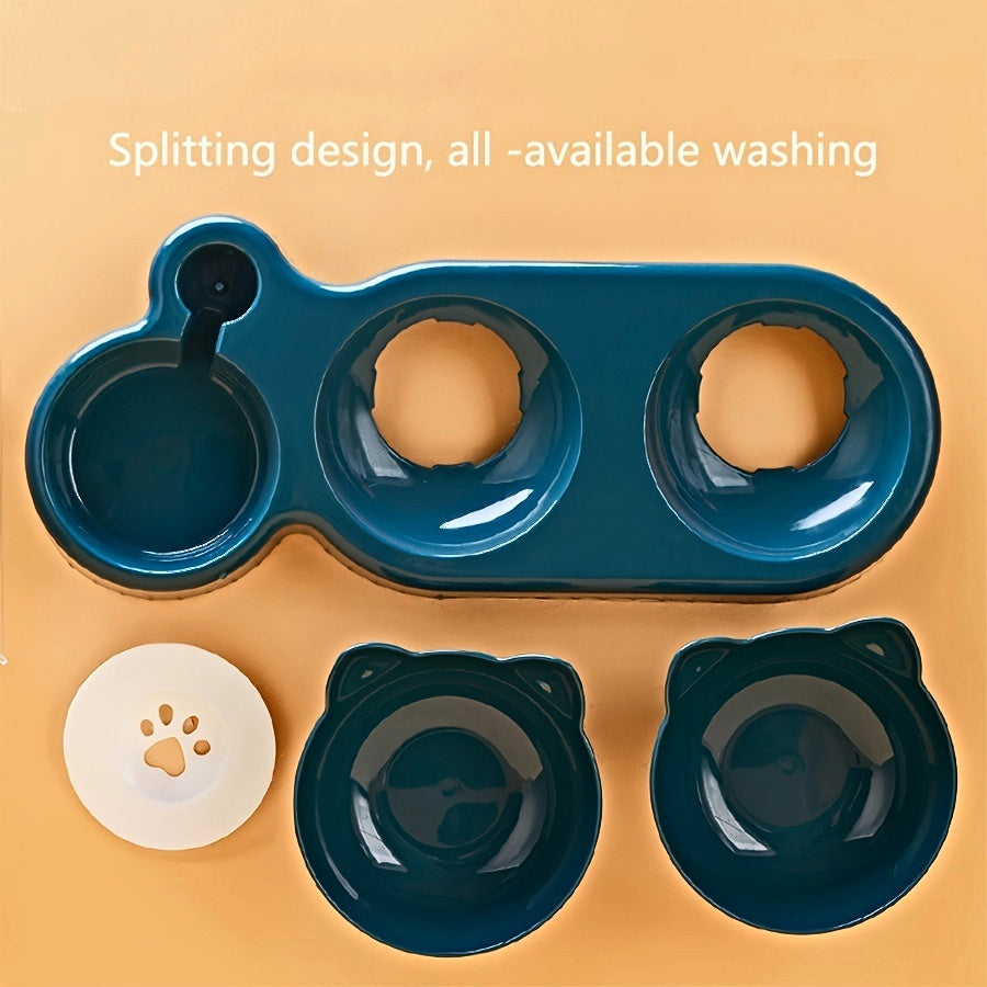 3-in-1 Tilted Cat Bowl Set with Gravity Water Feeder - Ear Design, Anti-Whisker Fatigue, Neck Protection